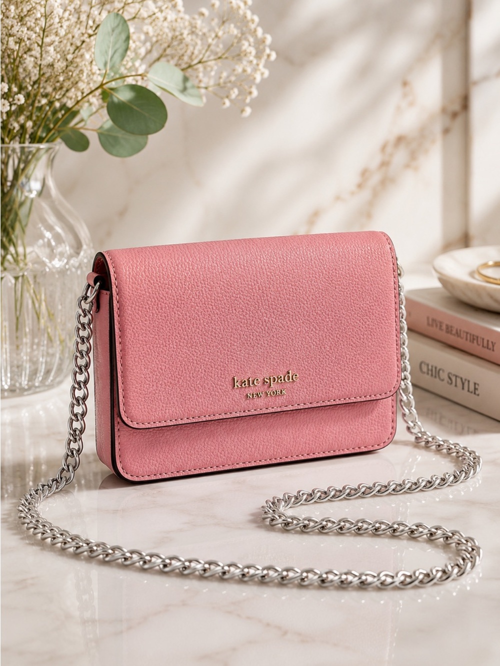Kate Spade Pink Pebbled Leather Convertible Crossbody Clutch Wallet On Chain